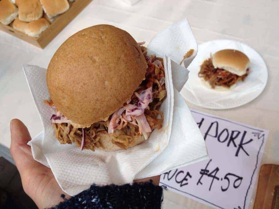Pulled pork in a gluten free bun from Quiet Waters Farm at the Barnstaple Real Food Market.