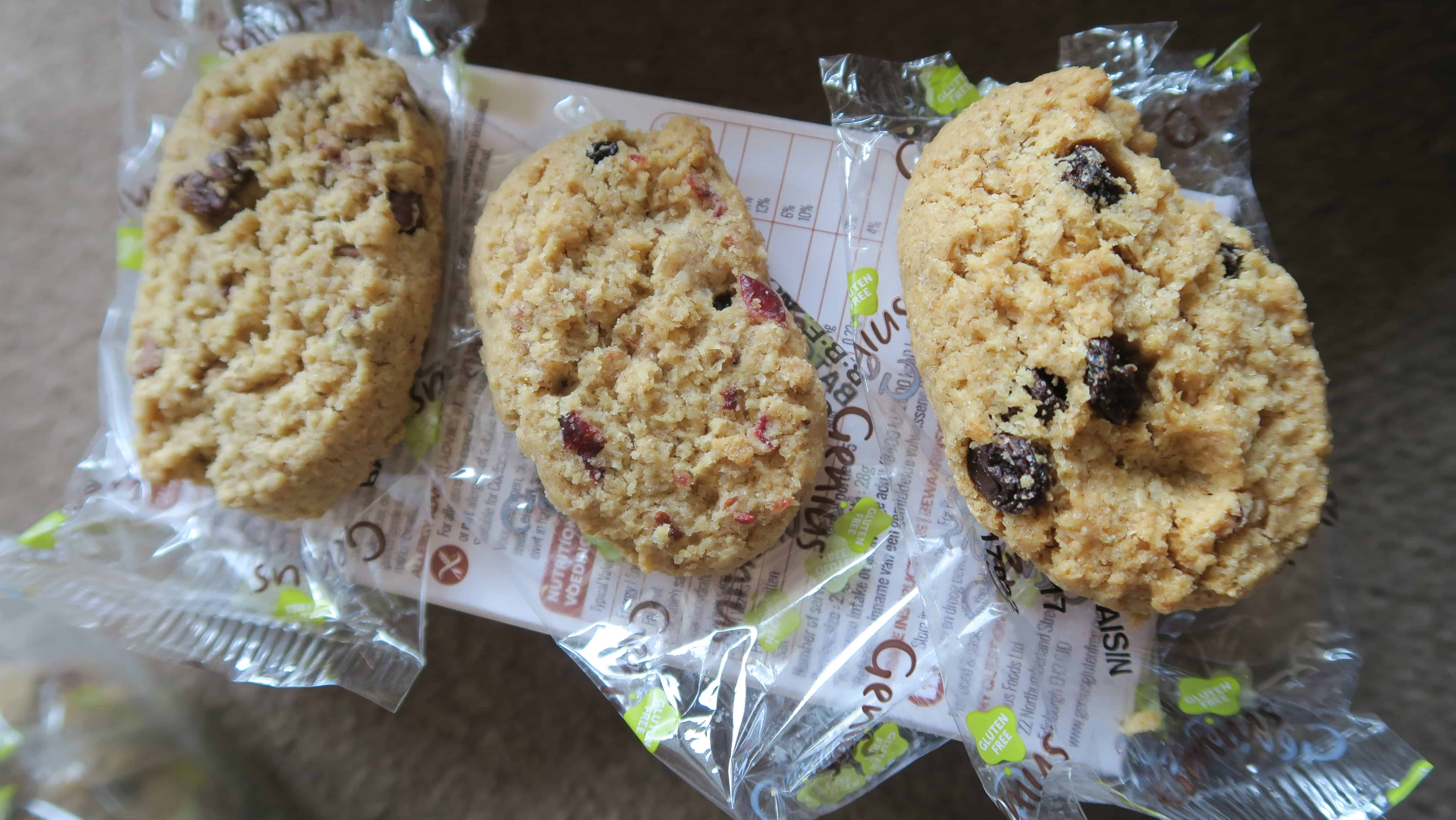 L-R: Chocolate chip, cranberry, and honey & raisin gluten free breakfast bakes from Genius Foods.