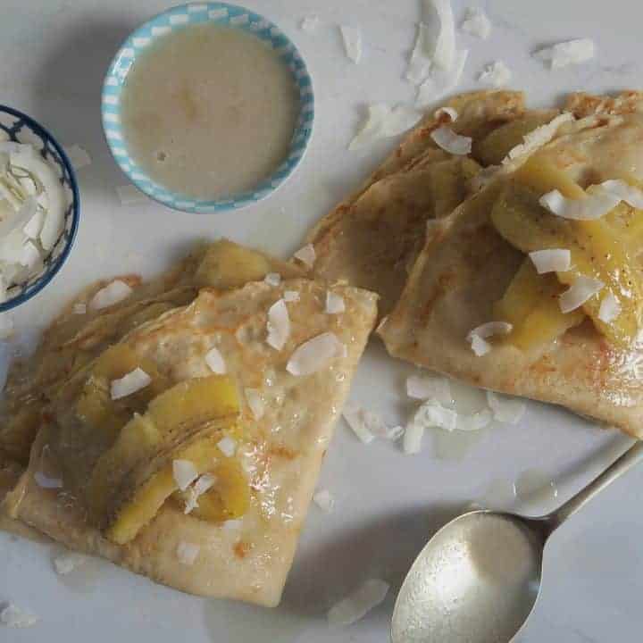 Gluten and dairy free pancakes with caramelised coconut bananas
