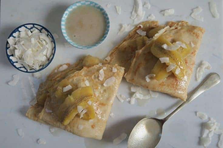 Gluten and dairy free pancakes with caramelised coconut bananas