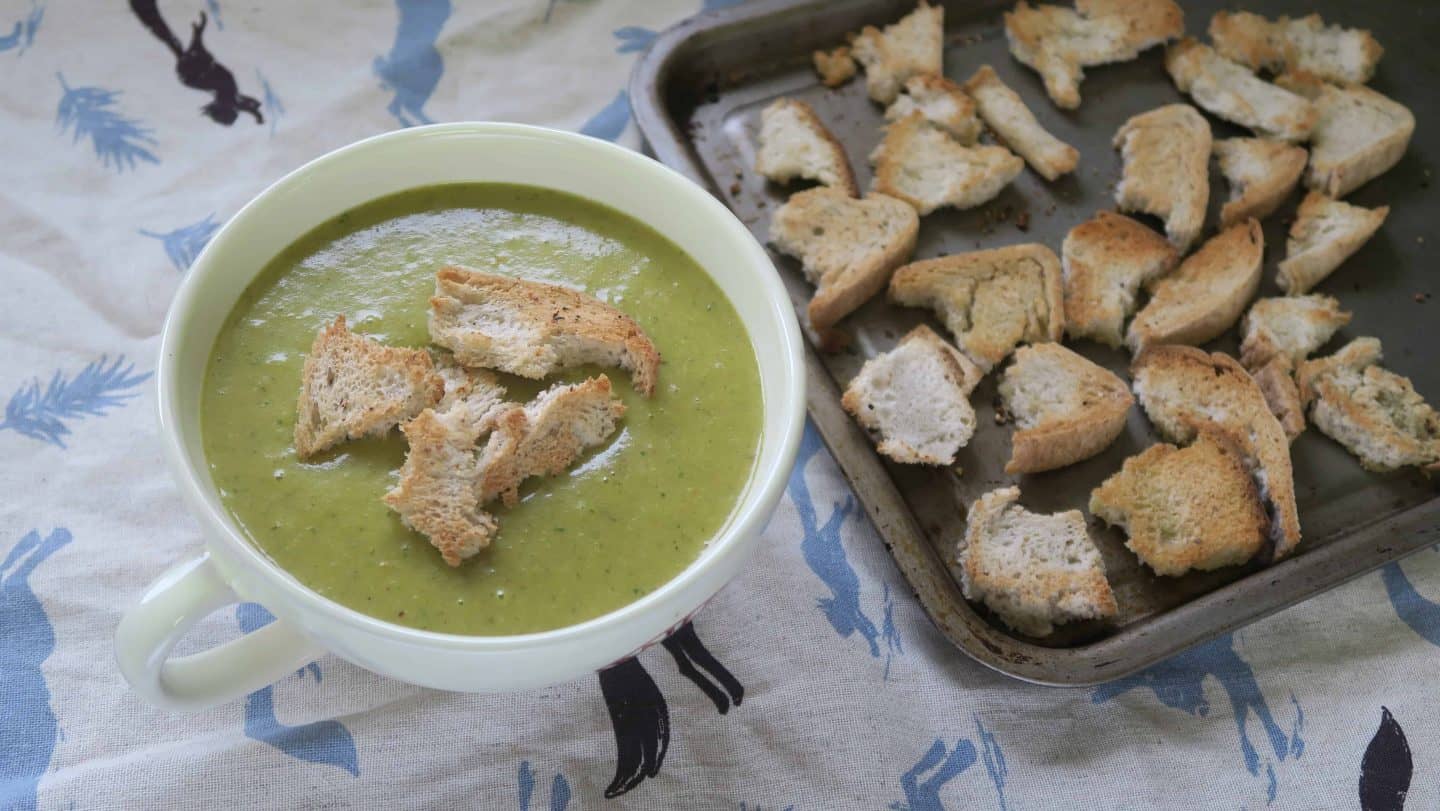 Gluten free curried potato soup with crunchy garlic croutons