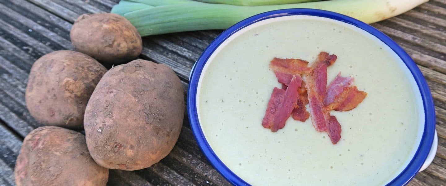 Gluten free potato, leek and blue cheese soup with bacon ‘croutons’