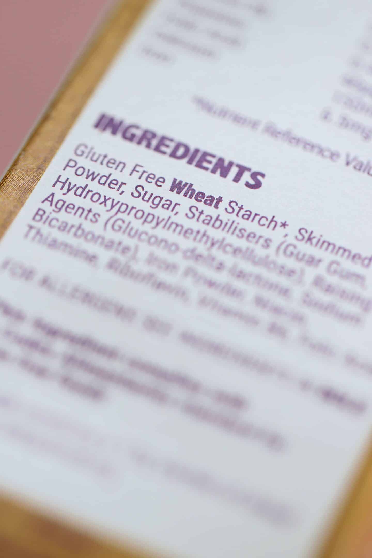 Ingredients list showing gluten free wheat starch.