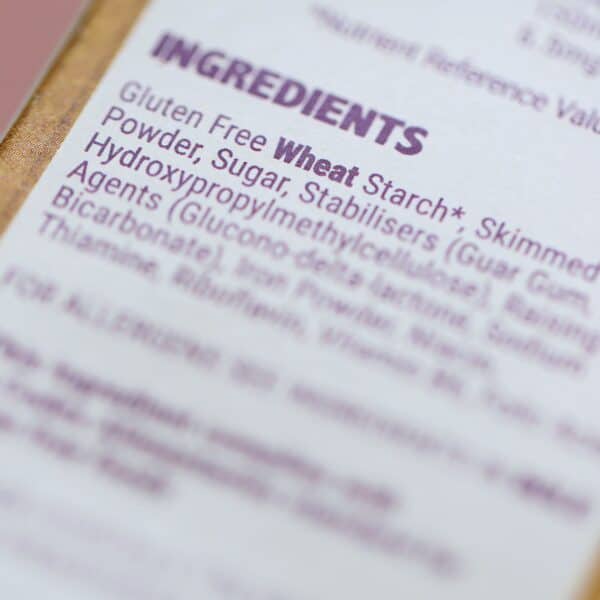 Ingredients list showing gluten free wheat starch.
