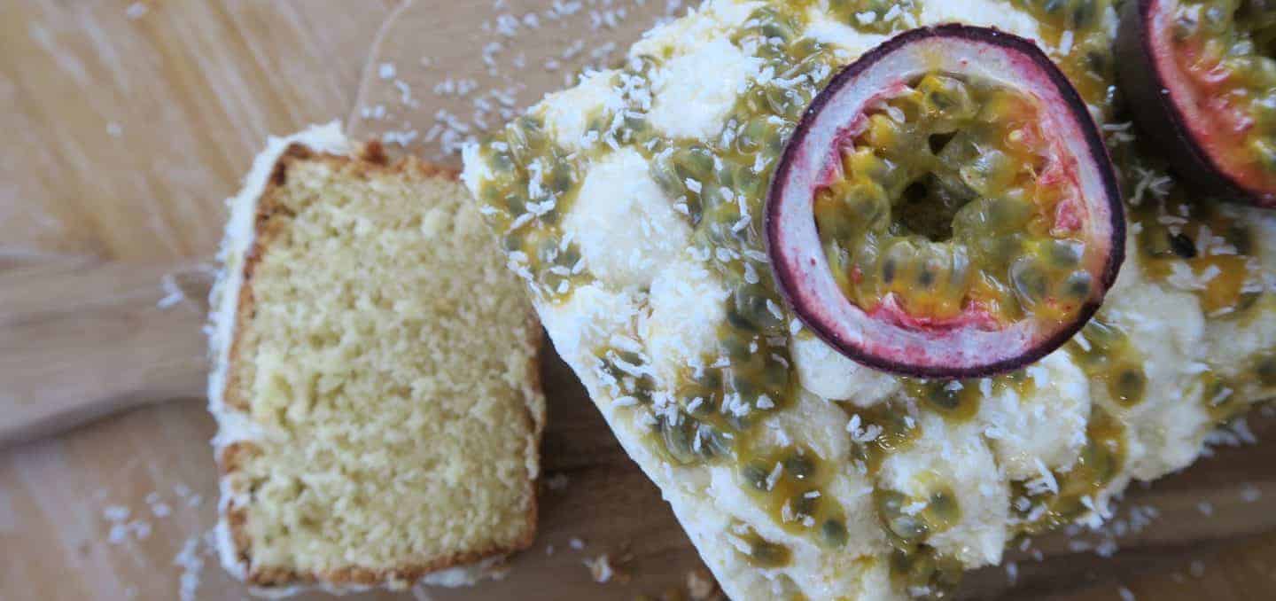 Gluten and dairy free coconut and passionfruit loaf cake