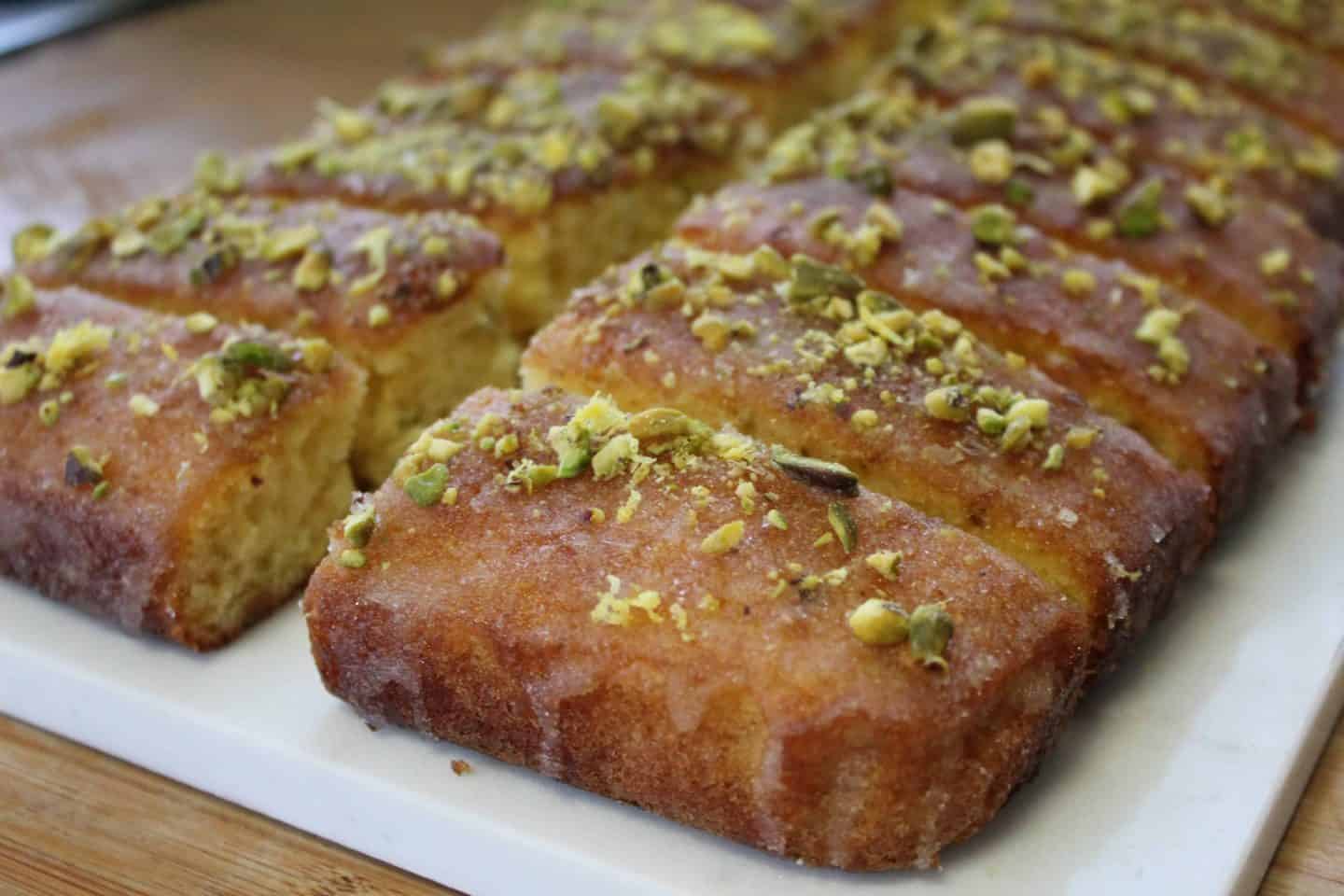 My gluten free lemon and pistachio drizzle cake