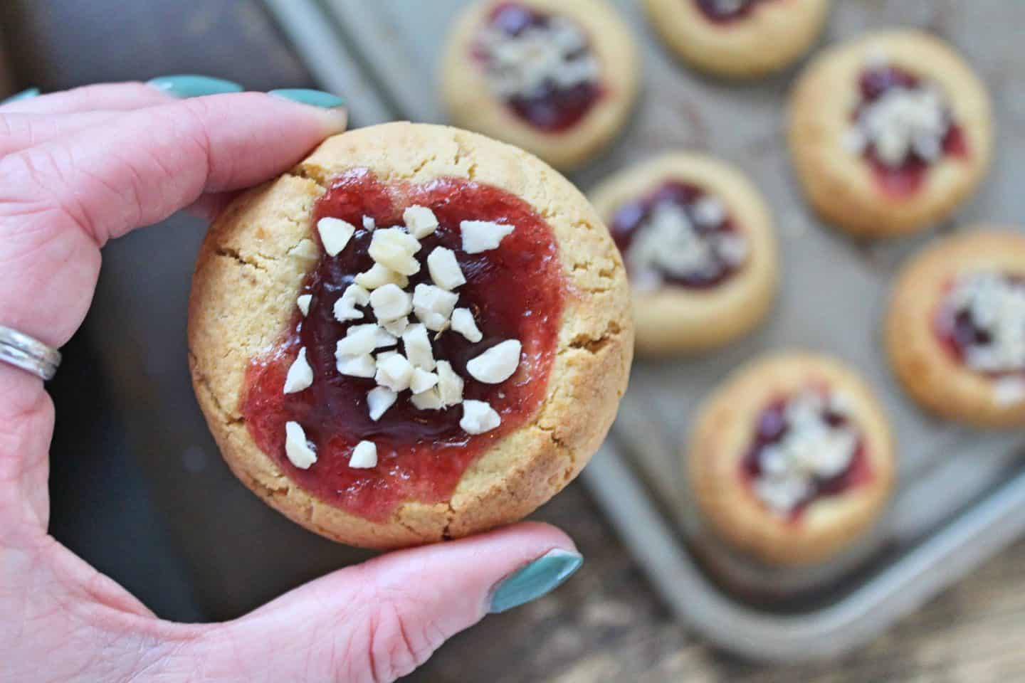 Gluten free peanut butter and jelly thumbprint cookies