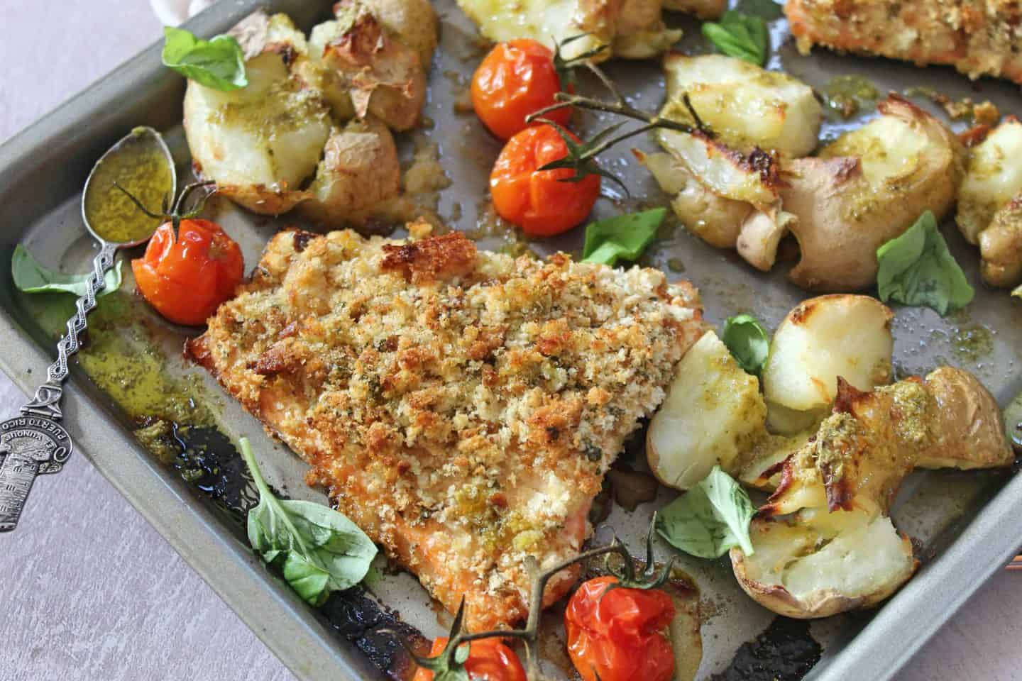 gluten free herb crusted salmon with smashed potatoes tray bake dinner