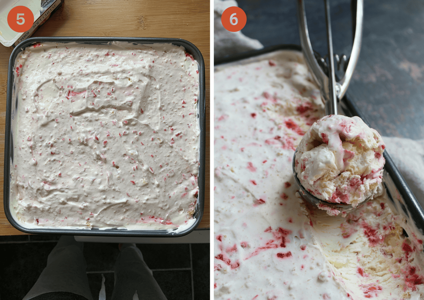 The strawberry cheesecake ice-cream mixture frozen (left) and in a scoop (right).