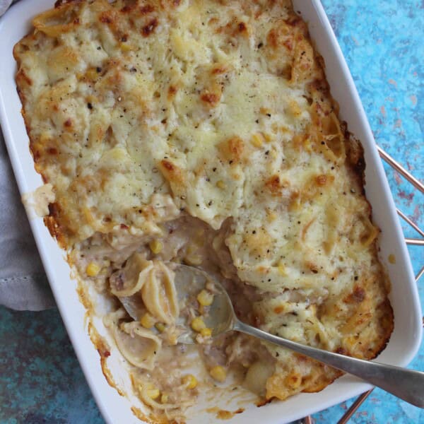 A gluten free tuna pasta bake with cheesy topping.