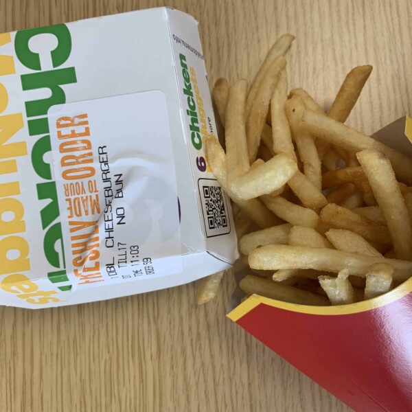Gluten free McDonald's burger box and fries.
