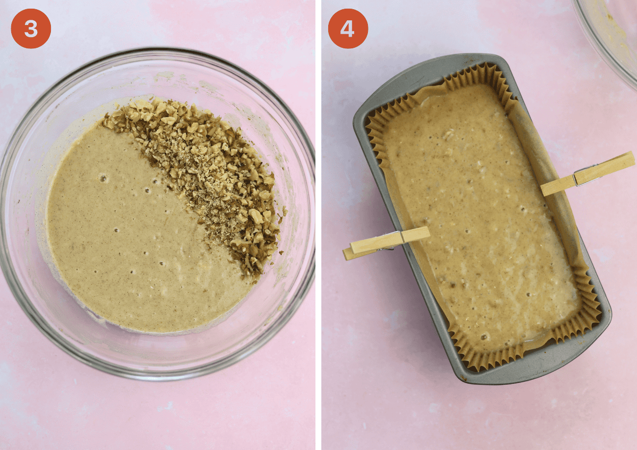 vegan gluten free banana bread step by step photos showing adding the walnuts then pouring into a loaf tin.