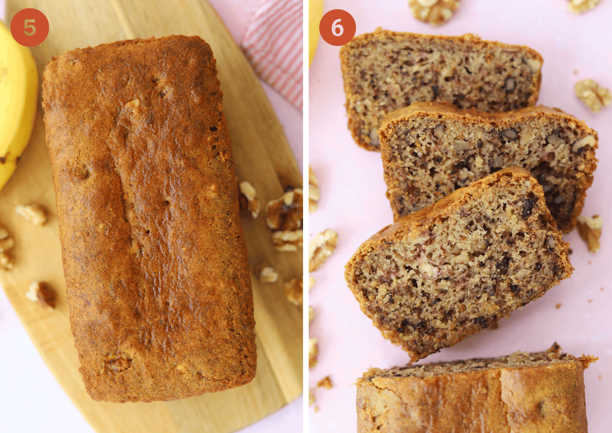 vegan gluten free banana bread step by step photos showing finished bake and sliced up.