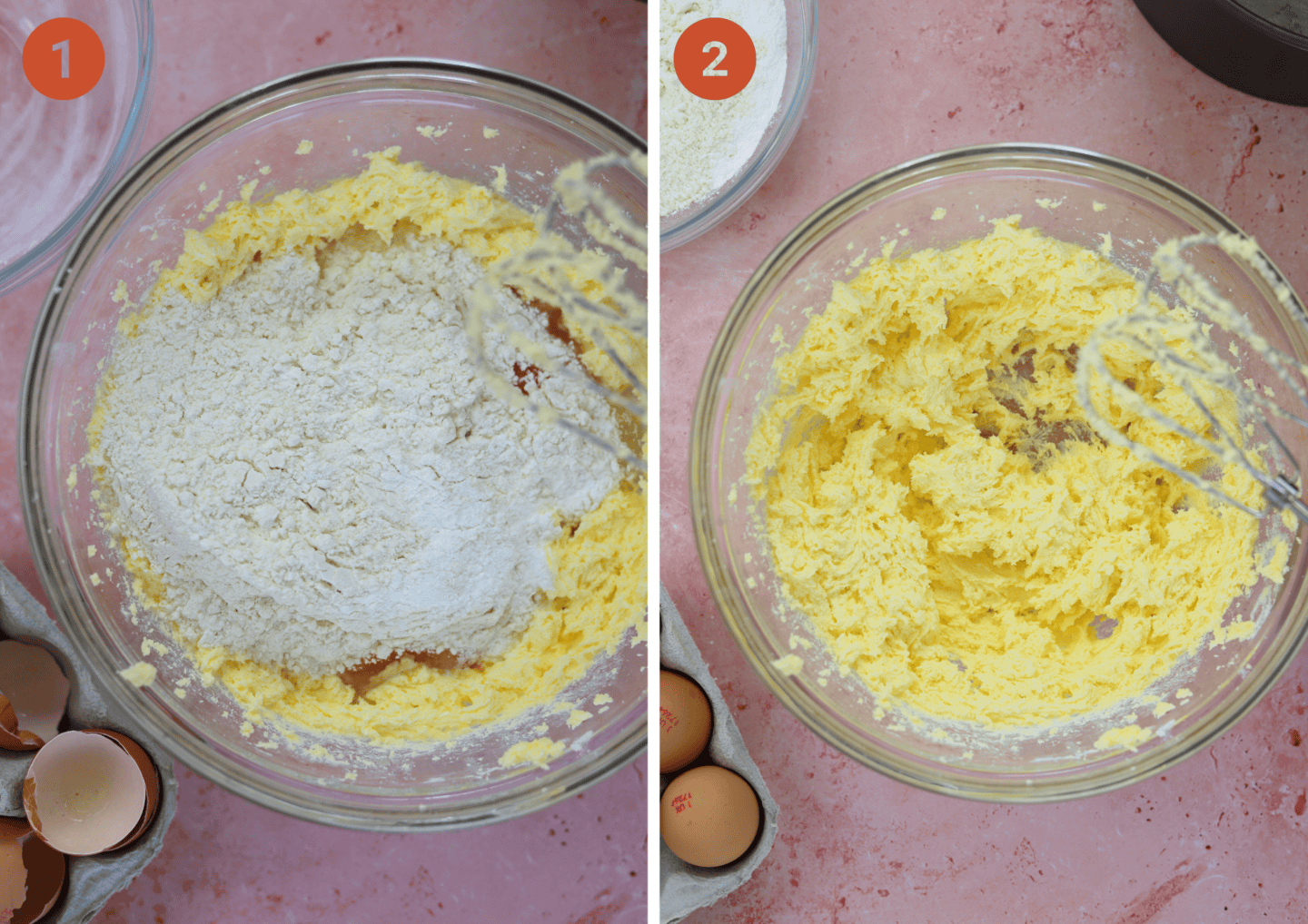 Cream the butter and sugar together in a mixing bowl.
