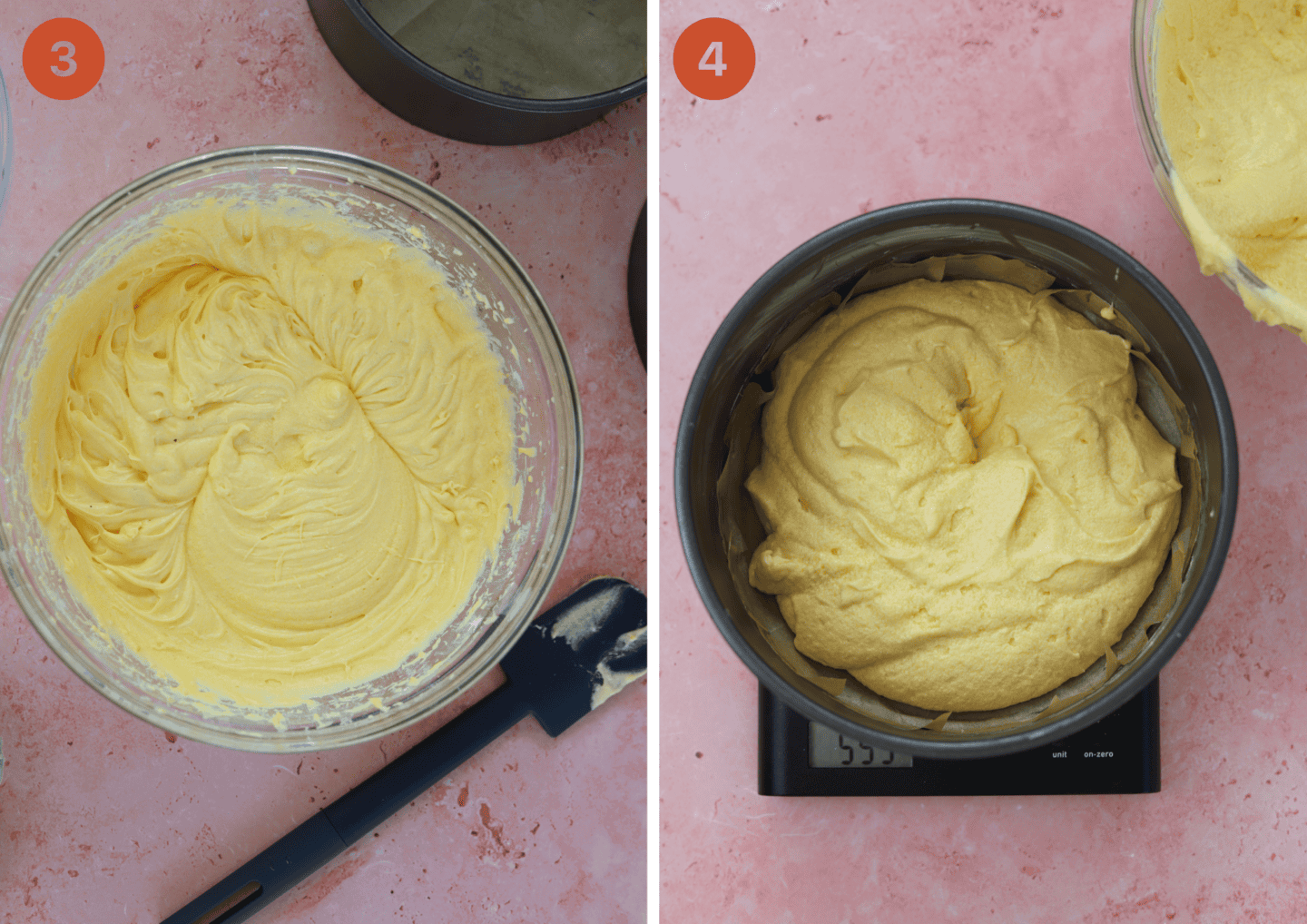 Mix in the eggs and flour and then pour into the cake tins.
