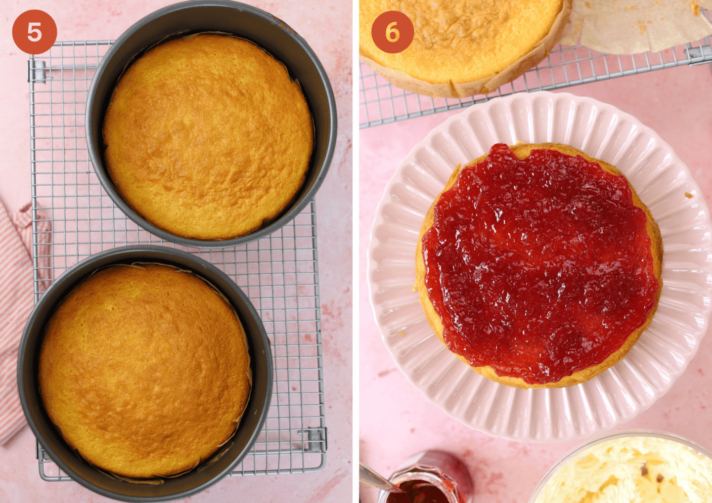 The baked sponge cakes and constructing the Victoria sponge.