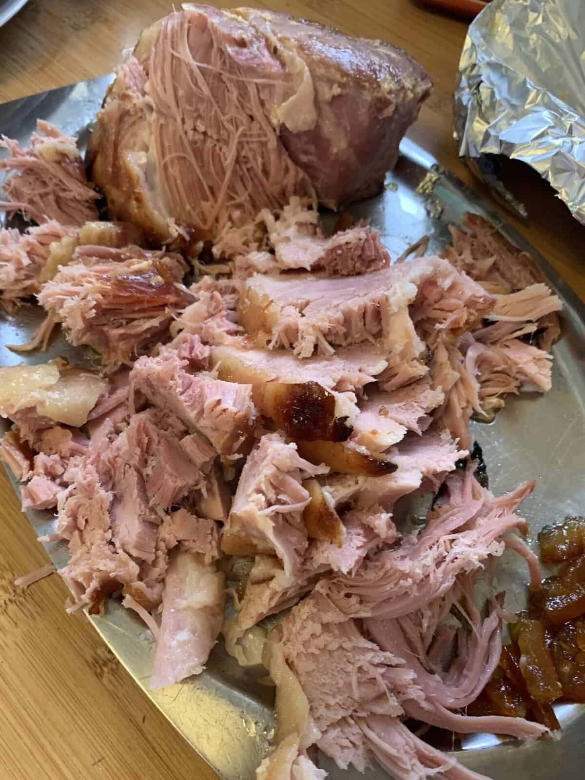 Beautifully shredded slow cooker ham.