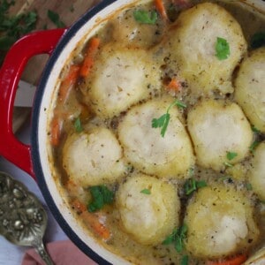 A gluten free chicken casserole in a pan.