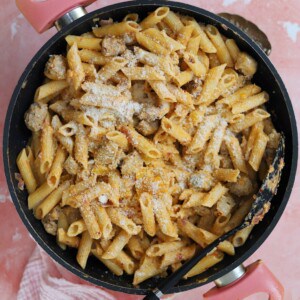 A pan of creamy sausage pasta.