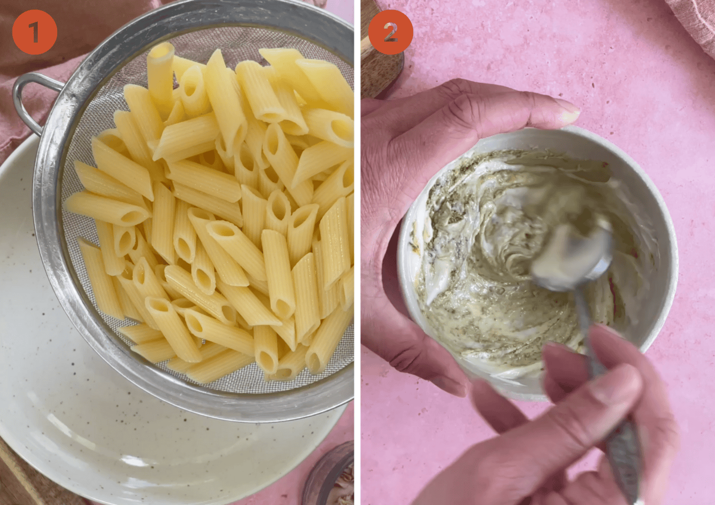 (left) Cook the gluten free pasta and (right) mixing the pesto mayo.