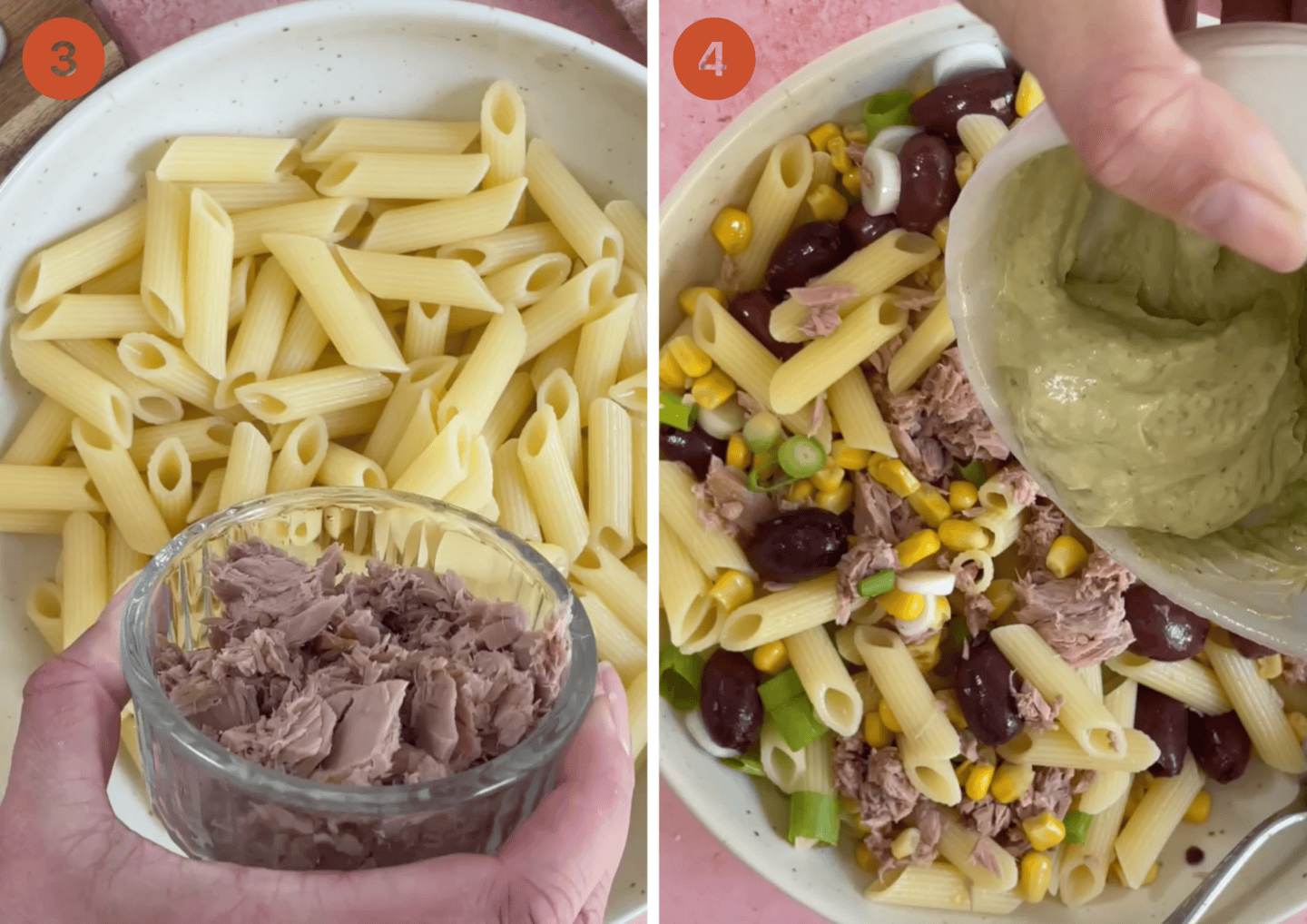 (Left) add the ingredients to the tuna pasta salad and (right) add the pesto mayonnaise.