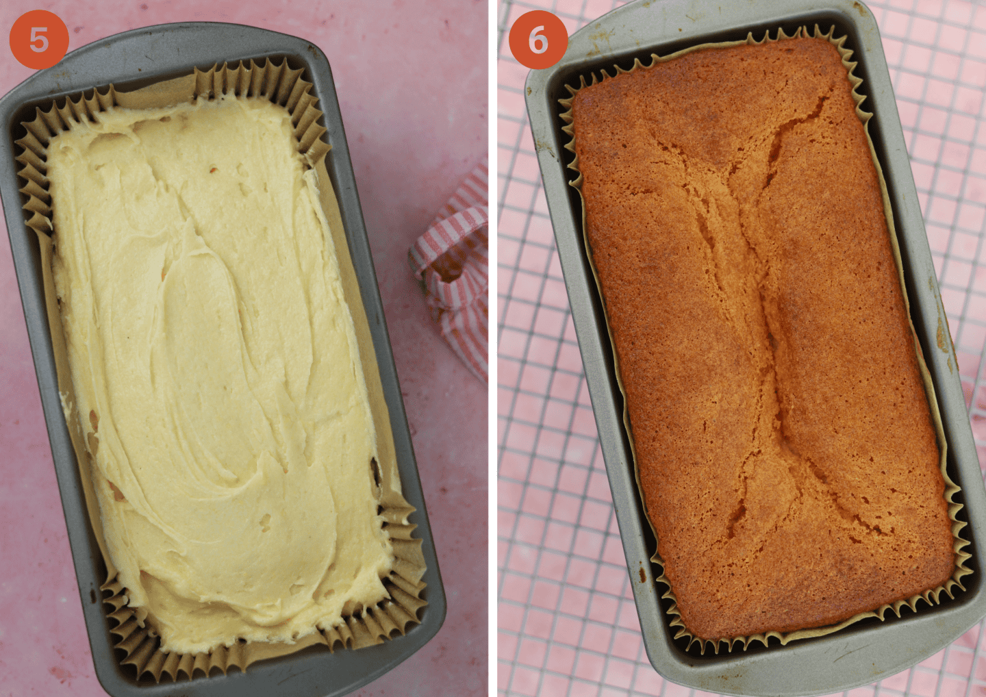 A gluten free madeira cake before and after baking.