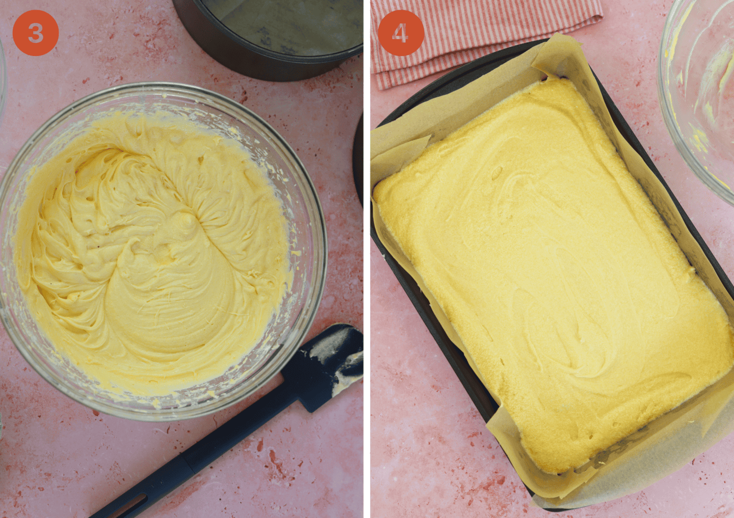 beat the vanilla tray bake mixture together and then pour into a lined tin.