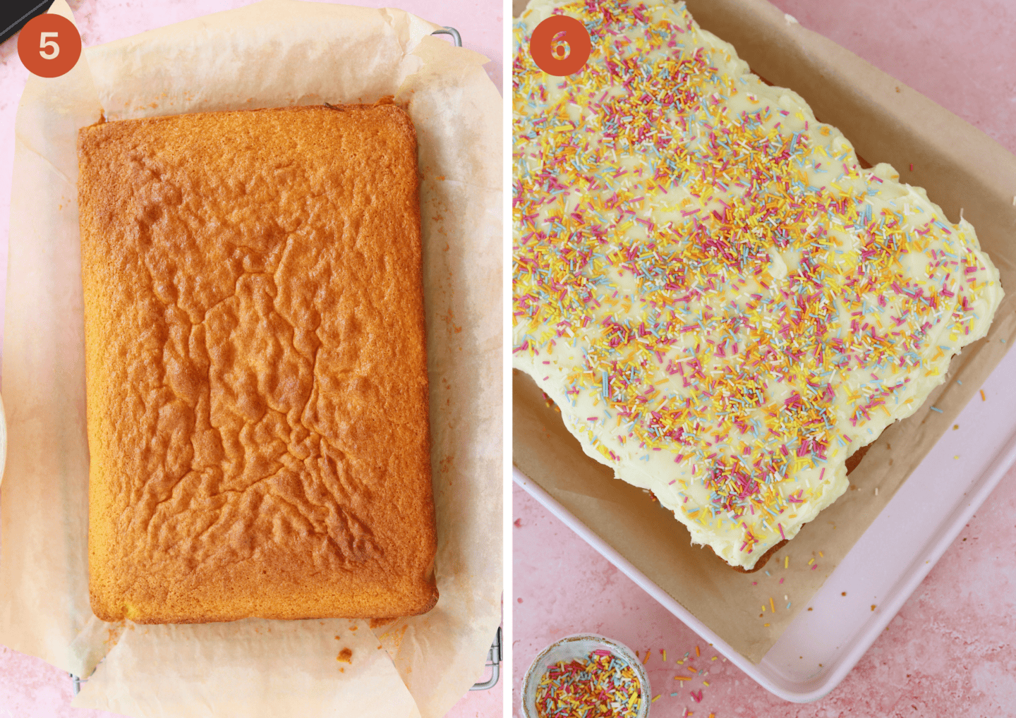 leave the baked vanilla tray bake to cool then decorate with buttercream frosting and sprinkles.