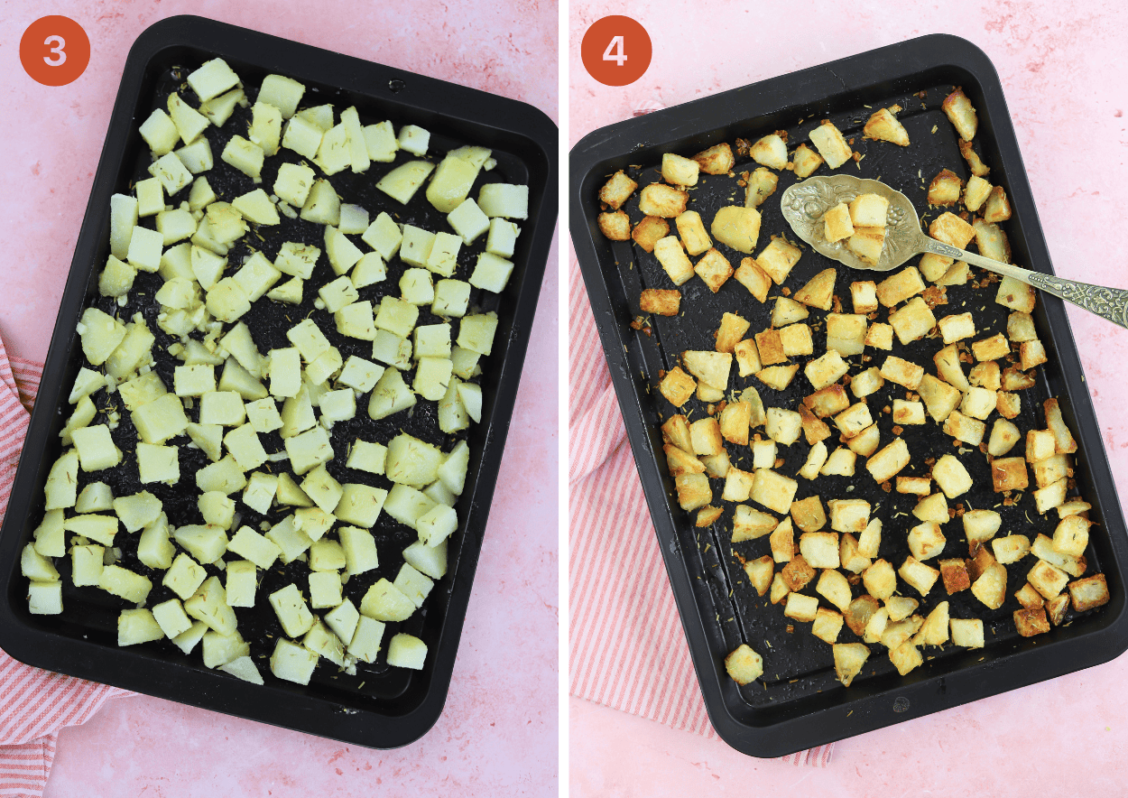 The uncooked parmentier potatoes on a tray next to a cooked tray of crispy potatoes.