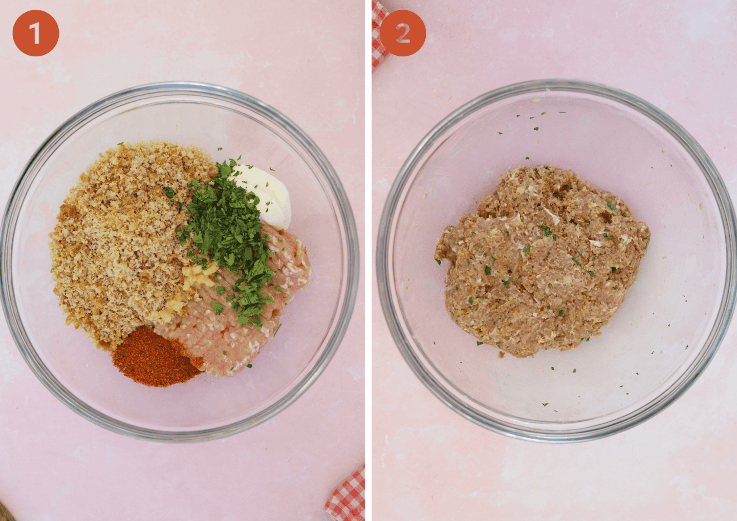 The chicken burger ingredients in a bowl (left) and mixed together (right).