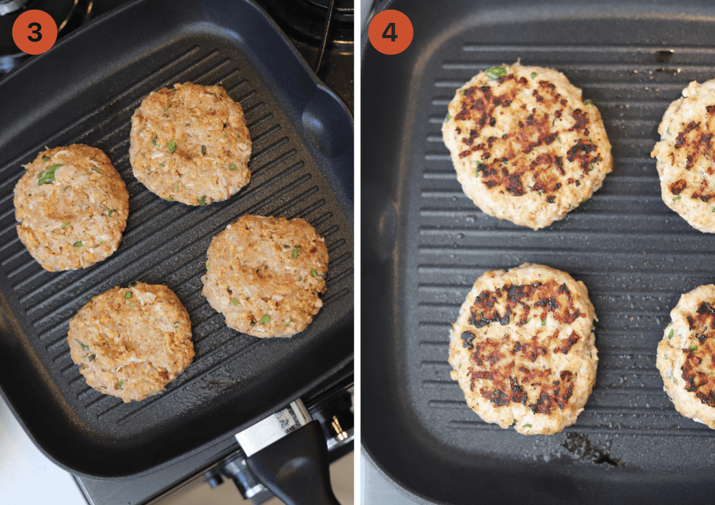 The ground chicken burger patties being cooked in a griddle pan.