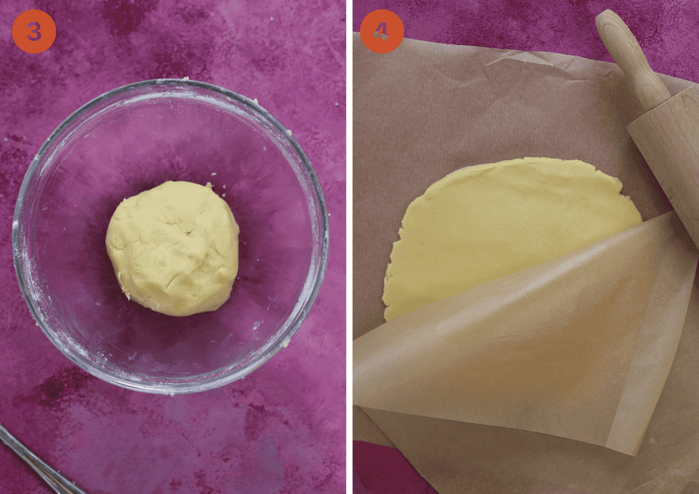 Mix the shortbread dough into a ball, then roll out between baking paper sheets.