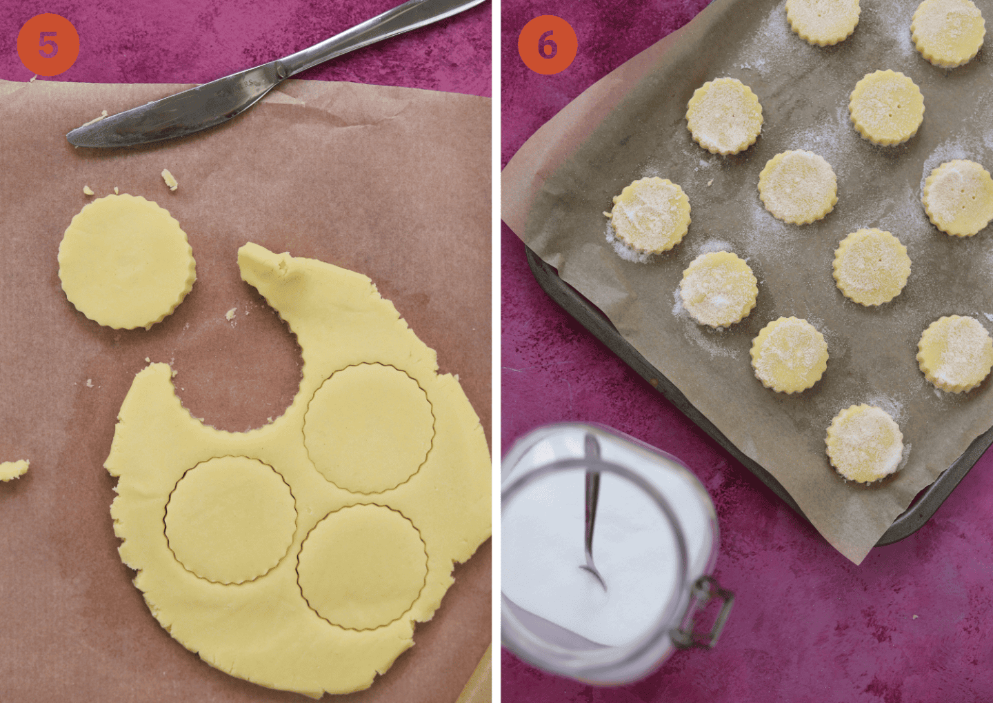 Cut circle shapes from the shortbread dough and then sprinkle with sugar.