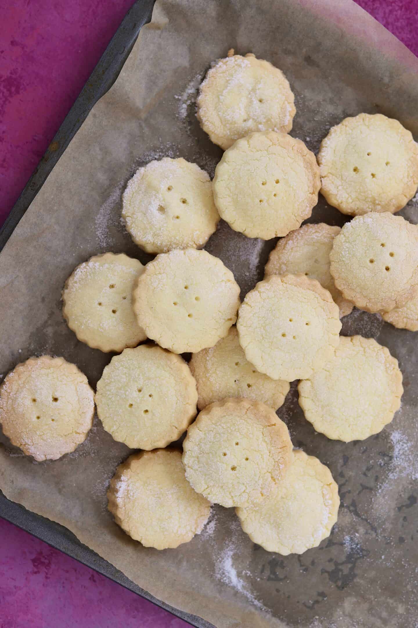 A tray of freshly baked gluten free shortbread biscuits.