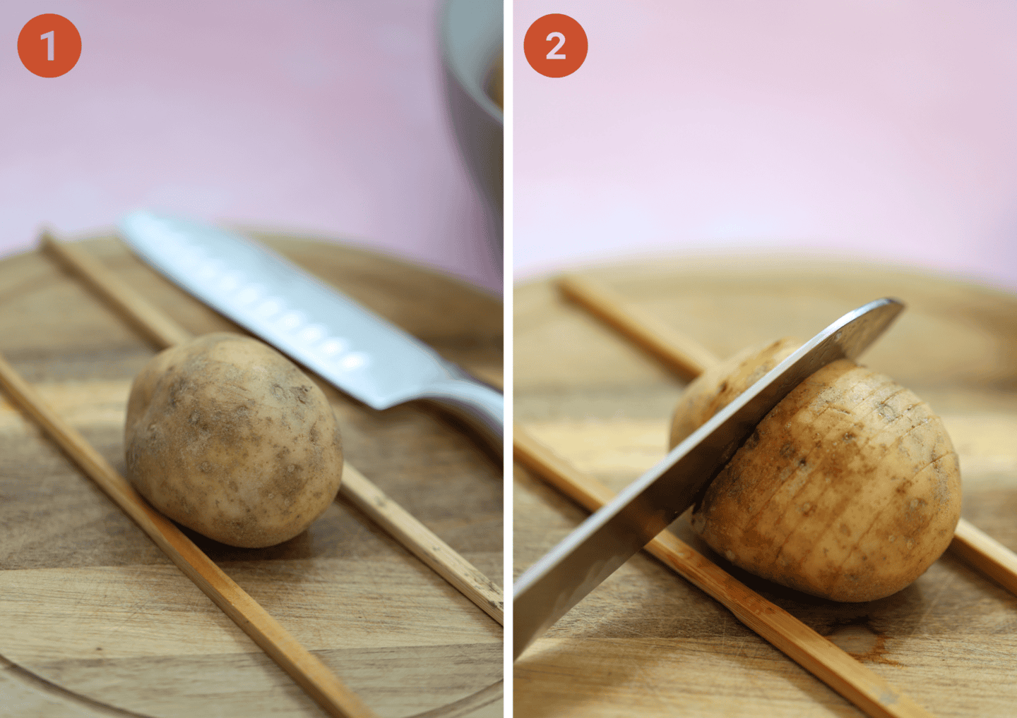 Use two chopsticks to cut the hasselback potatoes.
