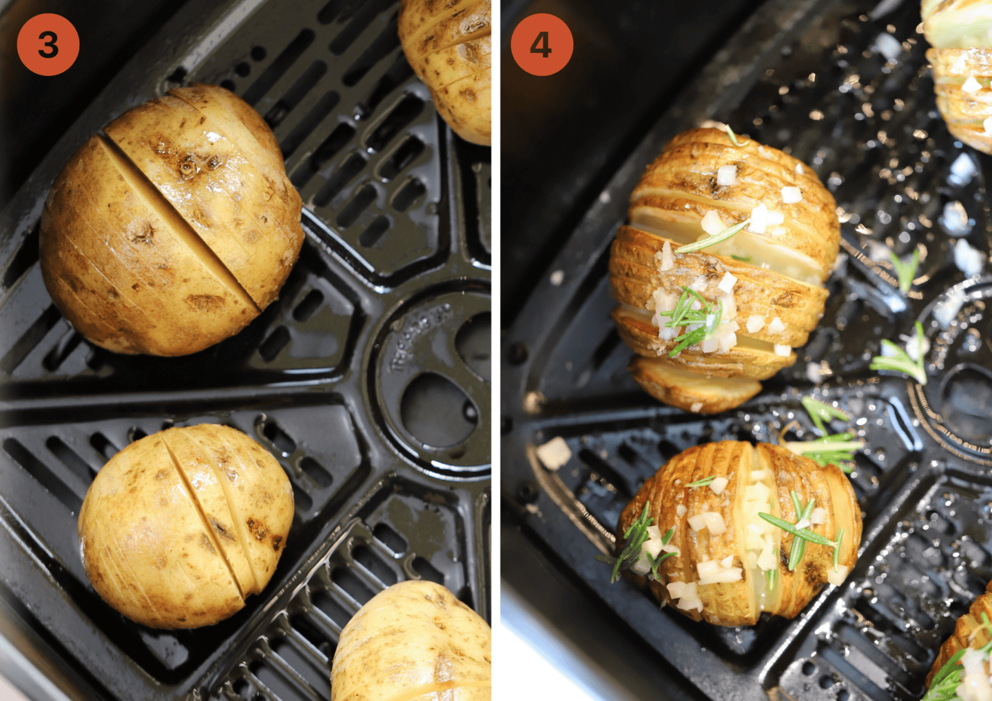 The potatoes in the air fryer before and after adding garlic butter.