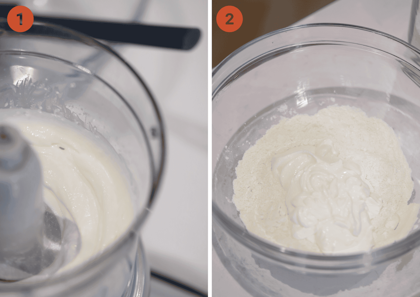 Blending the cottage cheese in a food processor and combining with gluten free flour.