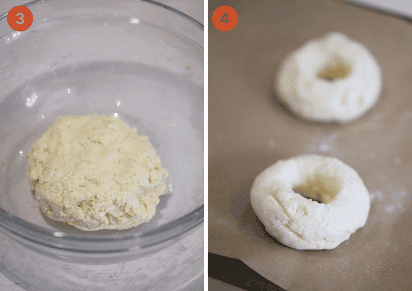 The cottage cheese bagel dough in the bowl and (right) shaped into bagels.