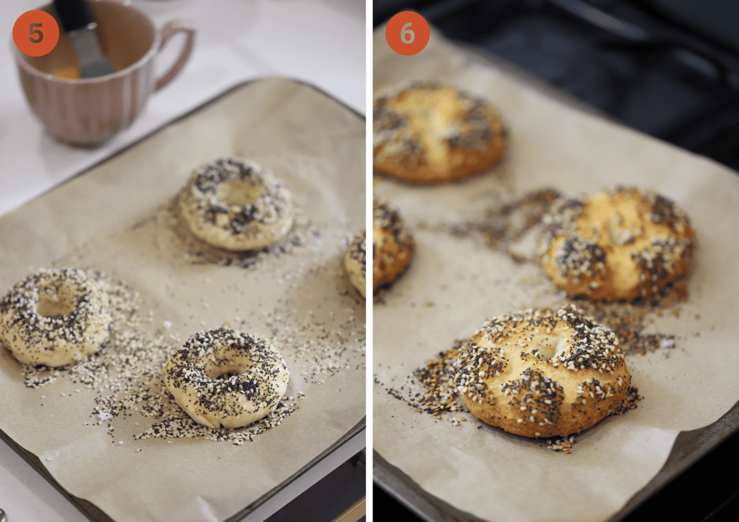 The cottage cheese bagels on a tray before (left) and after (right) baking.