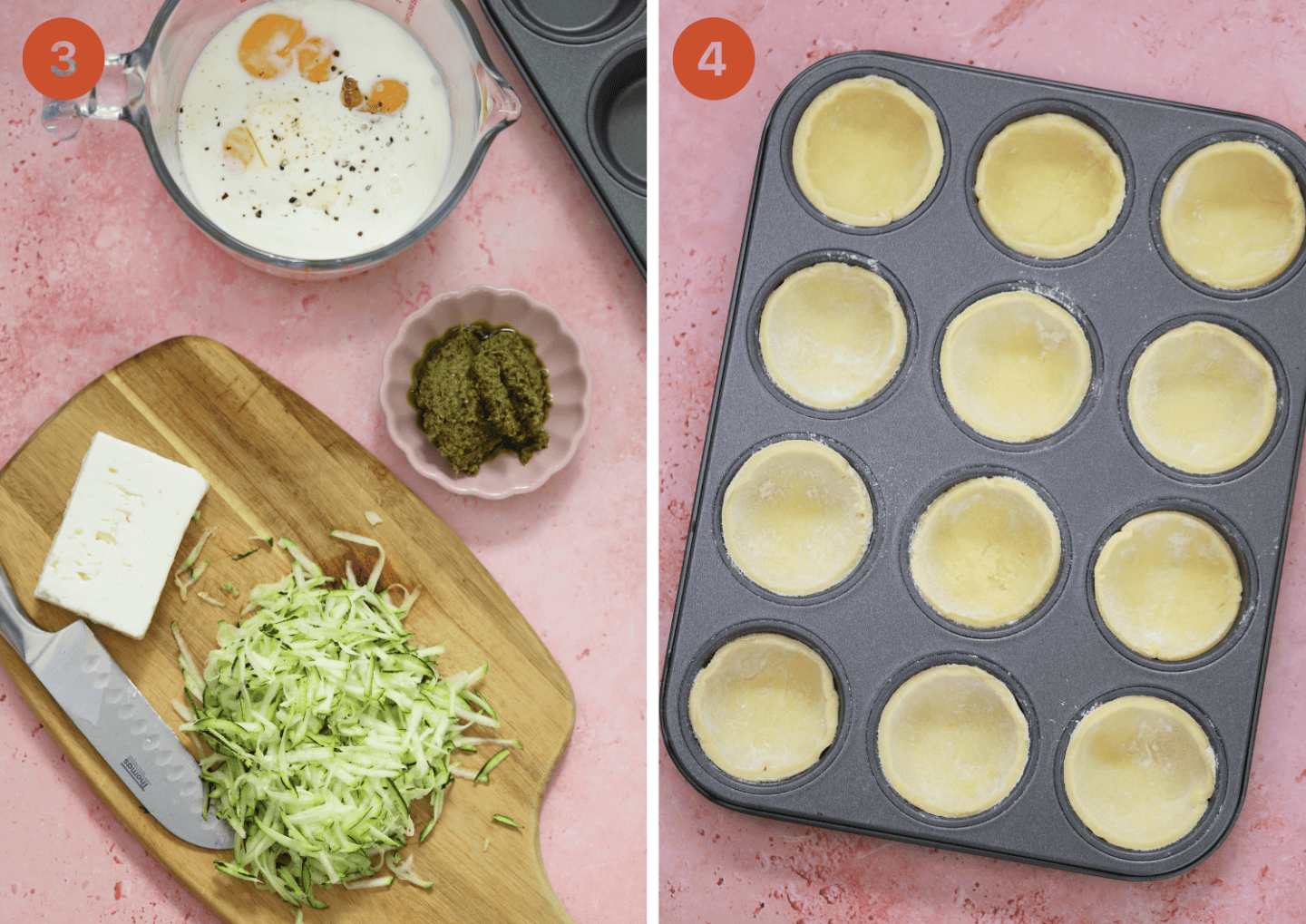 Make the filling for the gluten free mini quiches and press the pastry circles into the tray.