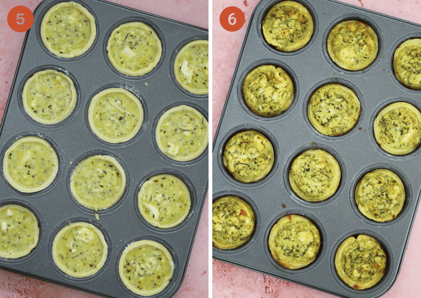 The gluten free mini quiches before and after baking, in a muffin tin.