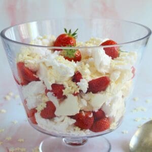 A large glass dish filled with Eton Mess.