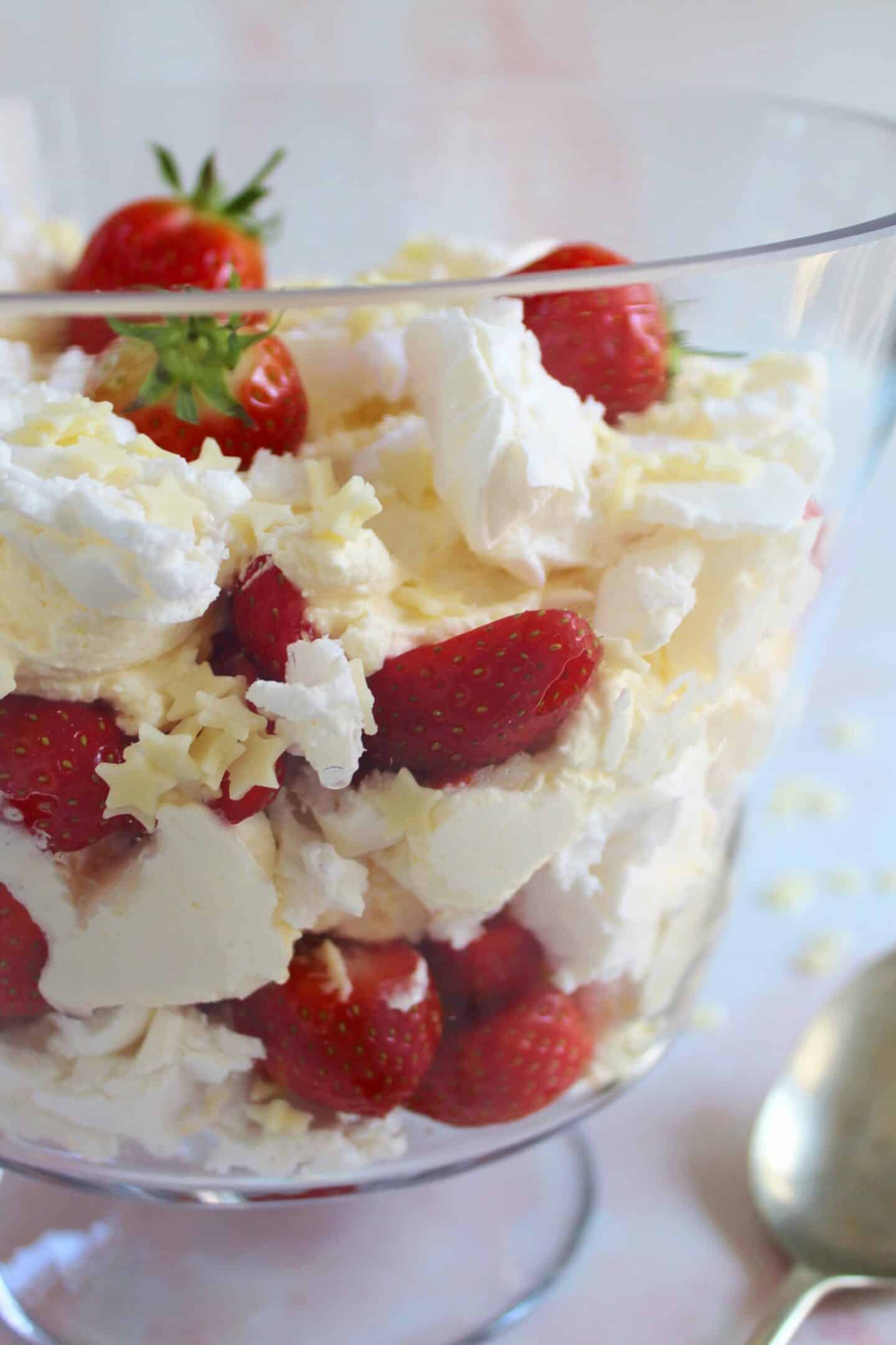 A close up of Eton Mess in a large glass dish.