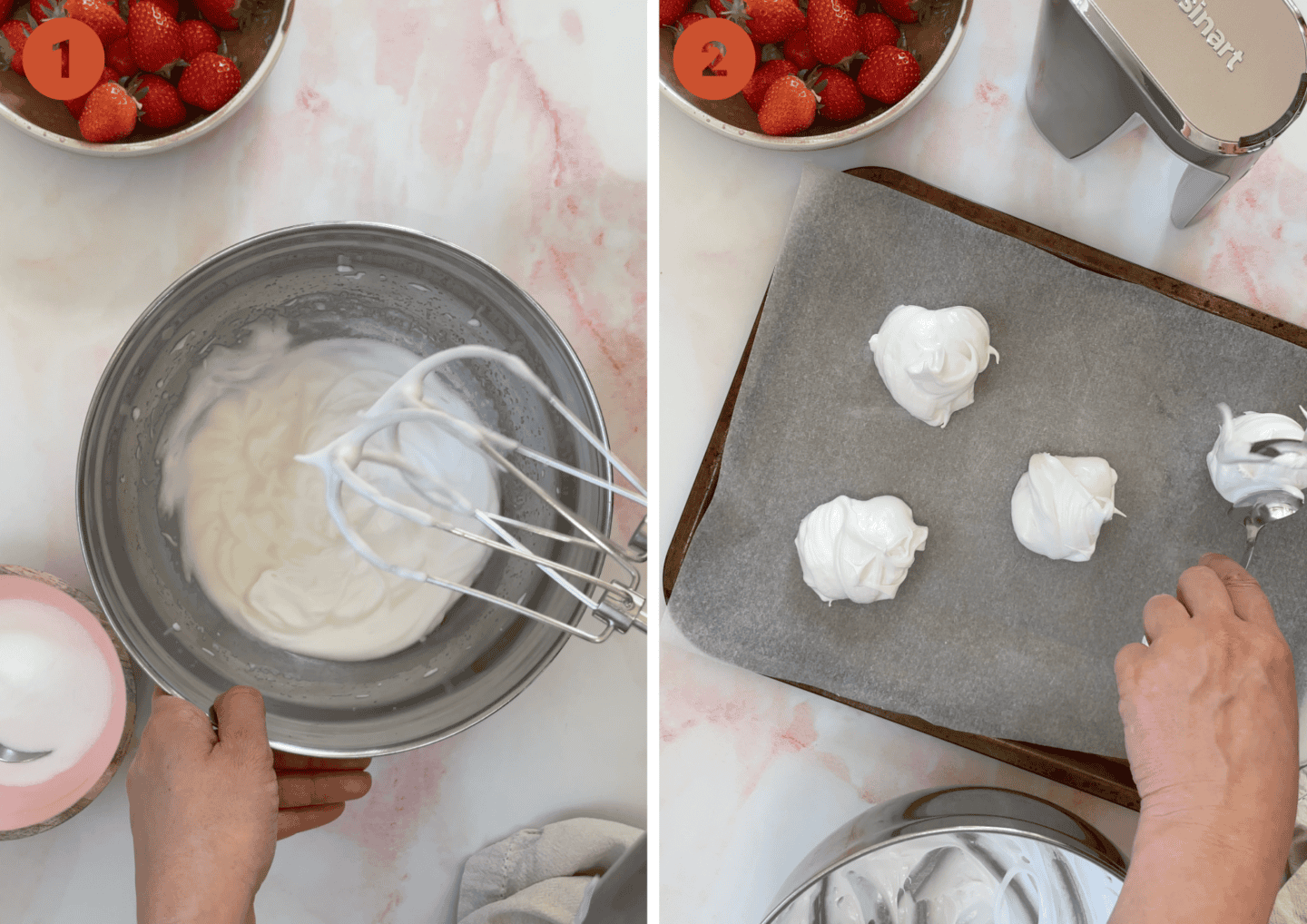 Making meringues and forming them on a tray.