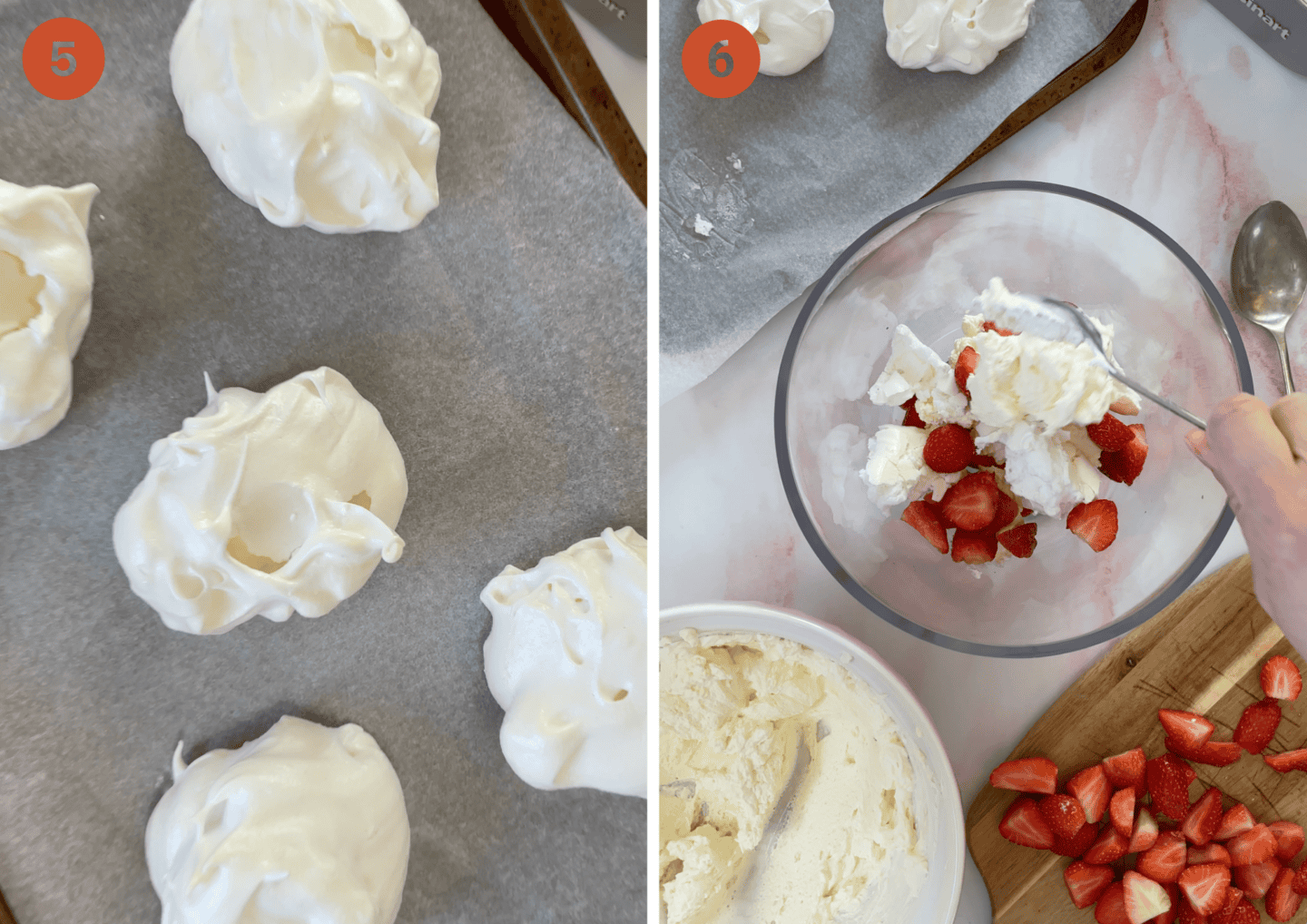 The cooked meringues and assembling the Eton Mess.