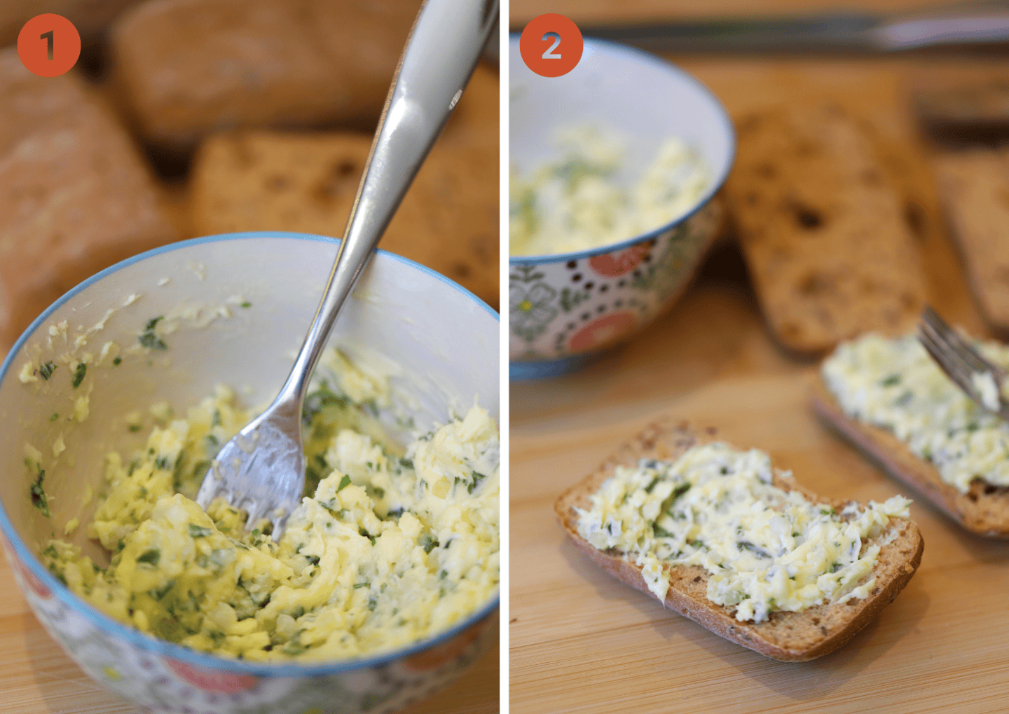 The garlic butter mixture and garlic butter spread on gluten free bread.