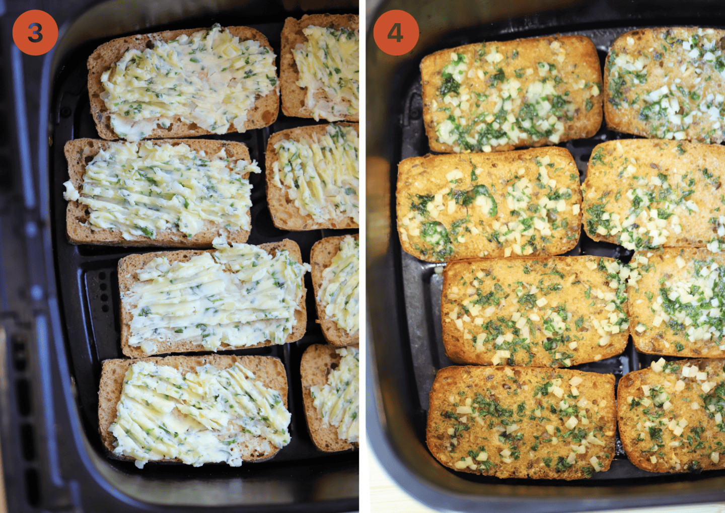 Gluten free garlic bread in the air fryer before and after cooking.