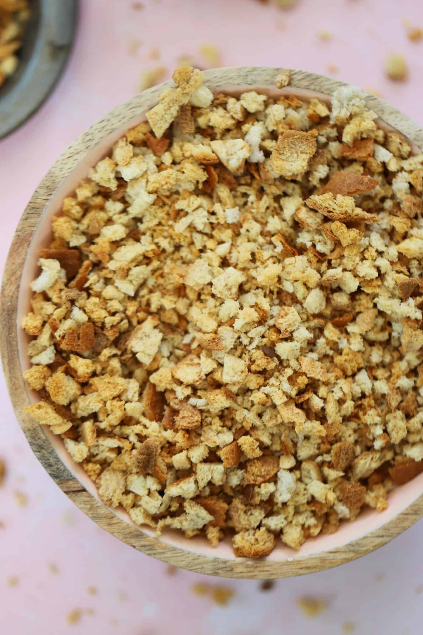 A close up of gluten free breadcrumbs in a bowl.