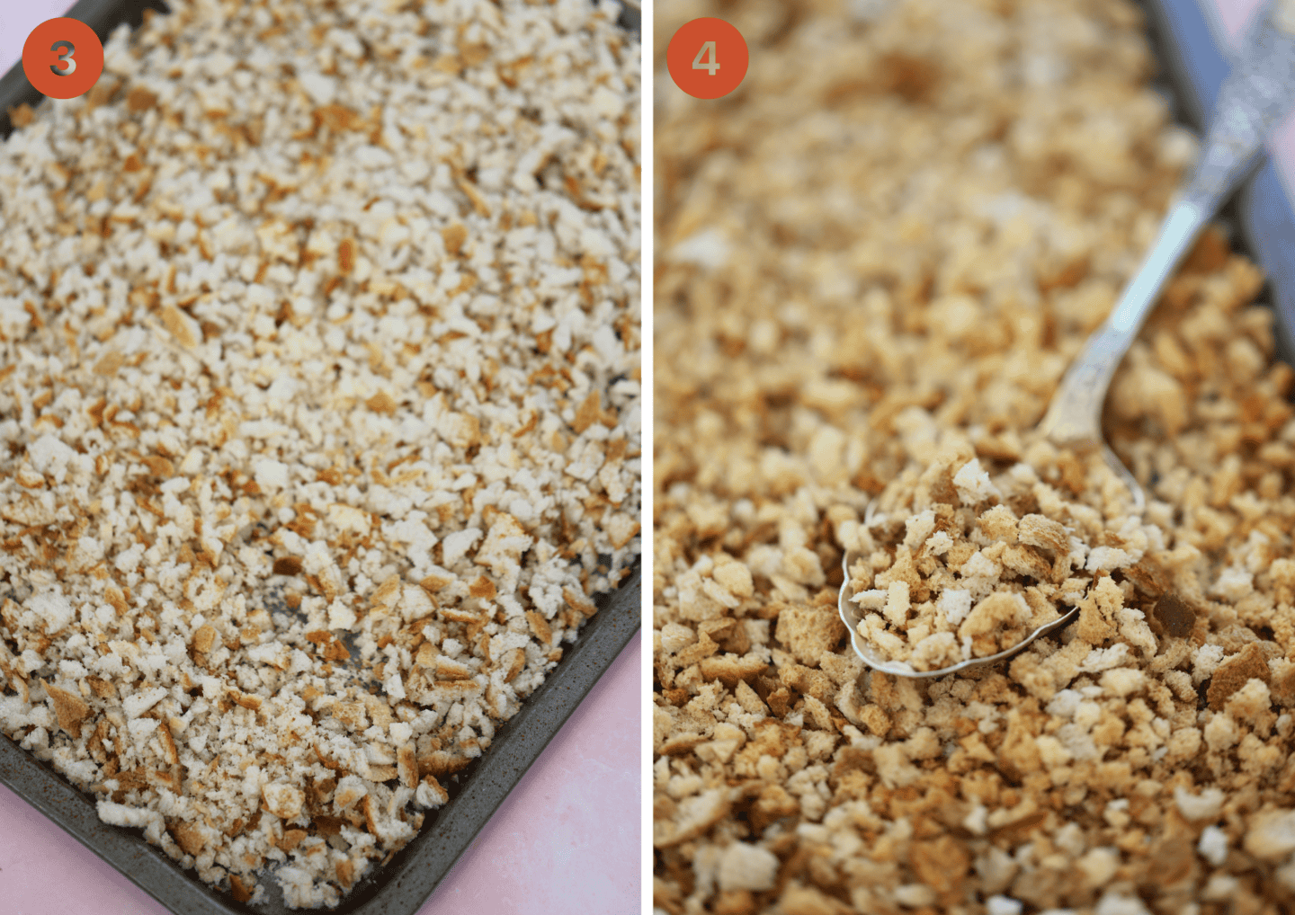 Gluten free bread crumbs before (left) and after (right) baking.