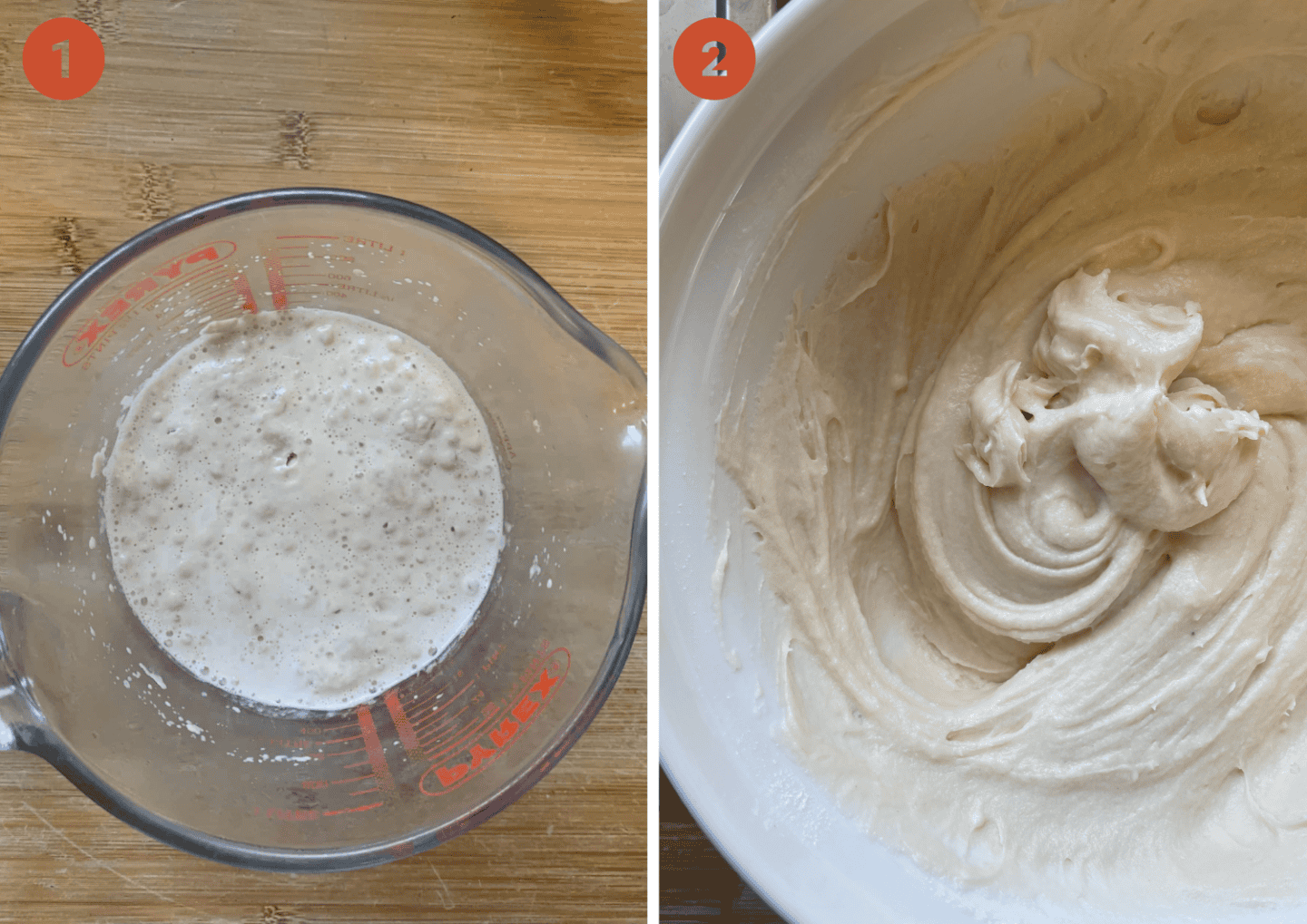 (Left) the frothy, activated yeast and (right) the gluten free bread dough.